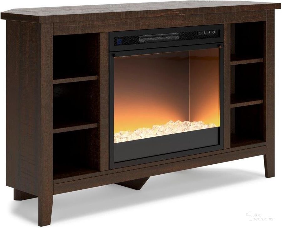 The appearance of Camiburg Warm Brown Corner TV Stand With Electric Fireplace designed by Signature Design by Ashley in the transitional interior design. This warm brown piece of furniture  was selected by 1StopBedrooms from Camiburg Collection to add a touch of cosiness and style into your home. Sku: W283-67;W100-02. Material: Wood. Product Type: TV Stand. Image1