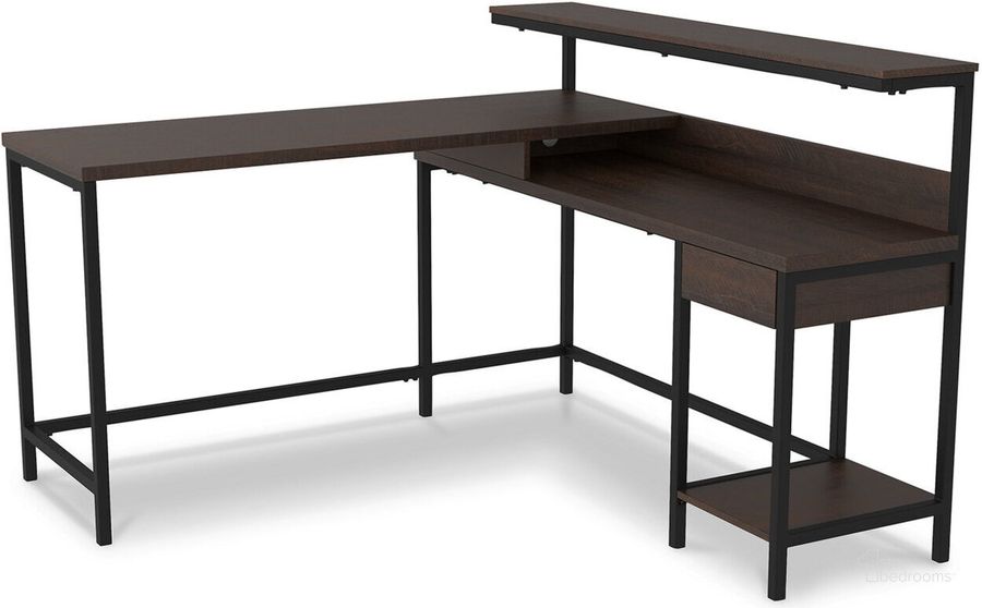 The appearance of Camiburg Warm Brown Home Office Desk designed by Signature Design by Ashley in the transitional interior design. This warm brown piece of furniture  was selected by 1StopBedrooms from Camiburg Collection to add a touch of cosiness and style into your home. Sku: H283-24. Material: Metal. Product Type: Home Office Desk. Image1