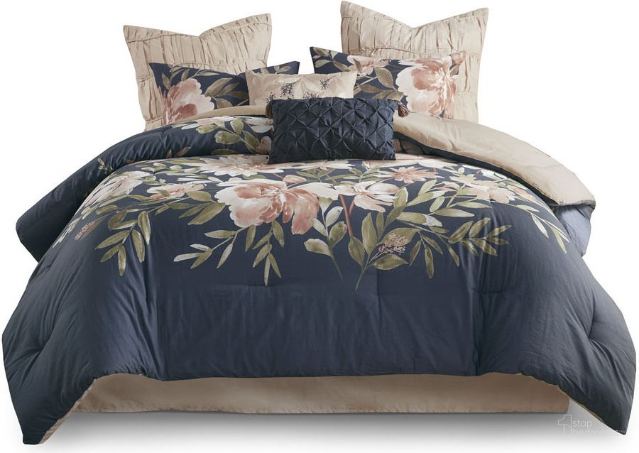 The appearance of Camillia Cotton Printed 8 Piece Queen Comforter Set In Navy designed by Olliix in the modern / contemporary interior design. This navy piece of furniture  was selected by 1StopBedrooms from Camillia Collection to add a touch of cosiness and style into your home. Sku: MP10-7295. Material: Polyester. Bed Size: Queen. Product Type: Comforter Set. Image1