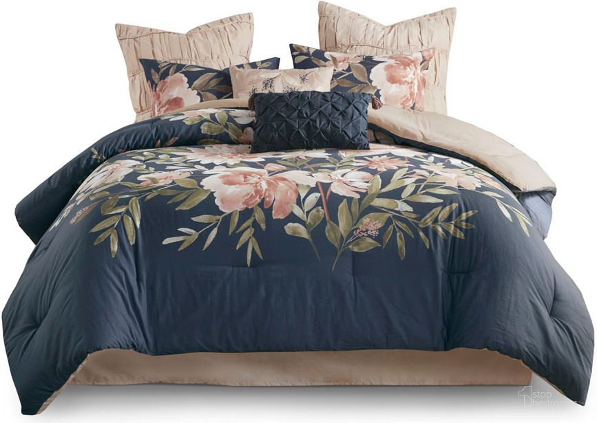 The appearance of Camillia Cotton Printed 8 Piece California King Comforter Set In Navy designed by Olliix in the modern / contemporary interior design. This navy piece of furniture  was selected by 1StopBedrooms from Camillia Collection to add a touch of cosiness and style into your home. Sku: MP10-7297. Material: Polyester. Bed Size: California King. Product Type: Comforter Set. Image1