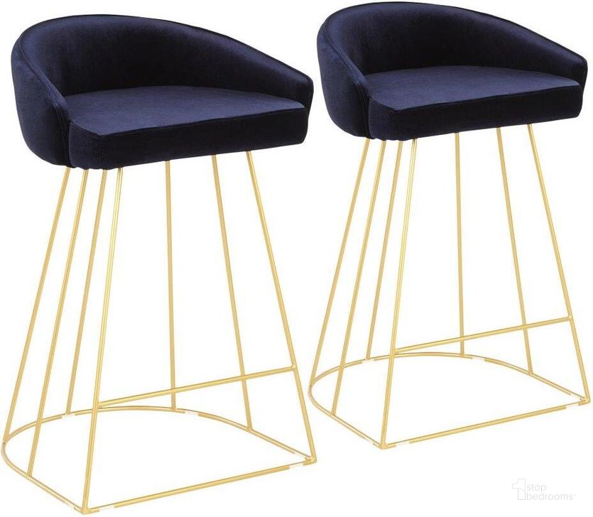 The appearance of Canary Contemporary Counter Stool In Gold With Blue Velvet - Set Of 2 designed by Lumisource in the modern / contemporary interior design. This blue piece of furniture  was selected by 1StopBedrooms from Canary Collection to add a touch of cosiness and style into your home. Sku: B26-CNRYUP AUBU2. Product Type: Barstool. Material: Velvet. Image1