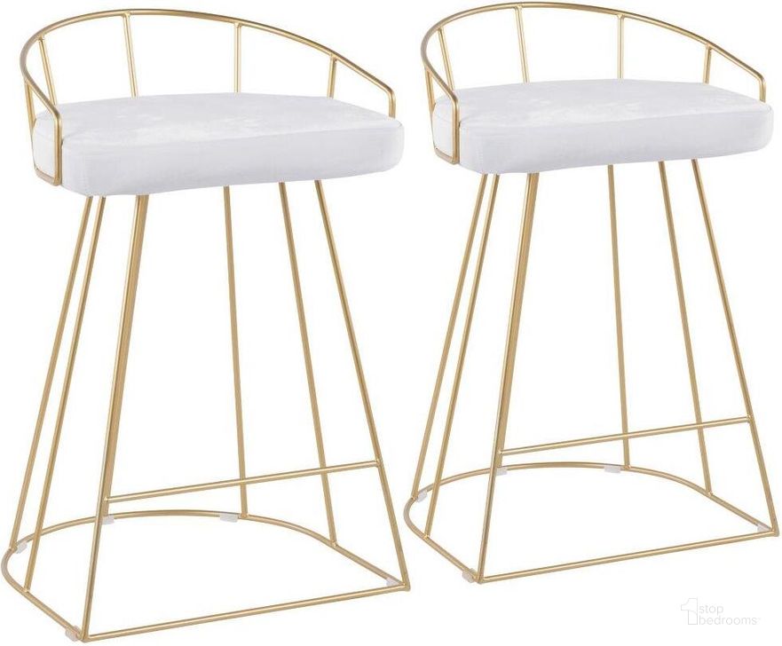 The appearance of Canary Contemporary Counter Stool In Gold With White Velvet Fabric - Set Of 2 designed by Lumisource in the modern / contemporary interior design. This white piece of furniture  was selected by 1StopBedrooms from Canary Collection to add a touch of cosiness and style into your home. Sku: B26-CNRY AU+VW2. Product Type: Barstool. Material: Velvet. Image1