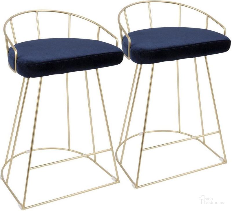 The appearance of Canary Contemporary-Glam Counter Stool In Gold With Blue Velvet - Set Of 2 designed by Lumisource in the modern / contemporary interior design. This blue piece of furniture  was selected by 1StopBedrooms from Canary Collection to add a touch of cosiness and style into your home. Sku: B26-CNRY AU+BU2. Material: Metal. Product Type: Barstool. Image1