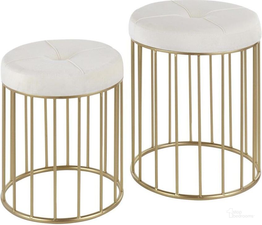 The appearance of Canary Contemporary Nesting Ottoman Set In Gold Metal And Cream Velvet designed by Lumisource in the modern / contemporary interior design. This gold piece of furniture  was selected by 1StopBedrooms from Canary Collection to add a touch of cosiness and style into your home. Sku: OT-CNRYNEST AUVCR. Product Type: Ottoman. Material: Velvet. Image1