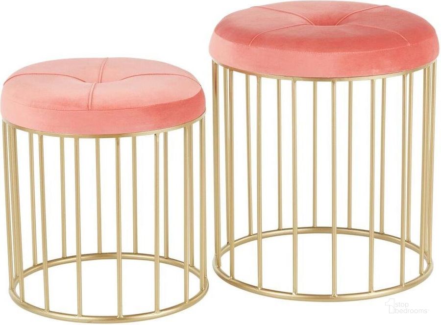 The appearance of Canary Contemporary Nesting Ottoman Set In Gold Metal And Pink Velvet designed by Lumisource in the modern / contemporary interior design. This gold piece of furniture  was selected by 1StopBedrooms from Canary Collection to add a touch of cosiness and style into your home. Sku: OT-CNRYNEST AUVPK. Product Type: Living Room Set. Material: Velvet. Image1