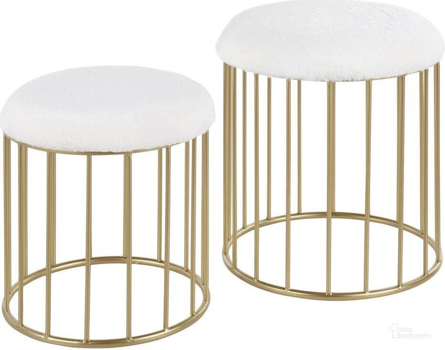 The appearance of Canary Contemporary Nesting Ottoman Set In Gold Metal And White Plush Fabric designed by Lumisource in the modern / contemporary interior design. This gold piece of furniture  was selected by 1StopBedrooms from Canary Collection to add a touch of cosiness and style into your home. Sku: OT-CNRYNEST PLSH AUW. Material: Polyester. Product Type: Ottoman. Image1