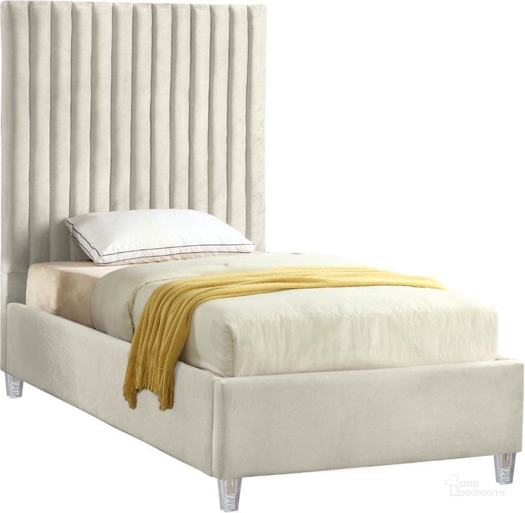 The appearance of Candace Cream Velvet Twin Bed designed by Meridian in the modern / contemporary interior design. This cream velvet piece of furniture  was selected by 1StopBedrooms from Candace Collection to add a touch of cosiness and style into your home. Sku: CandaceCream-T-1;CandaceCream-T-2. Bed Type: Platform Bed. Product Type: Platform Bed. Bed Size: Twin. Material: Velvet. Image1