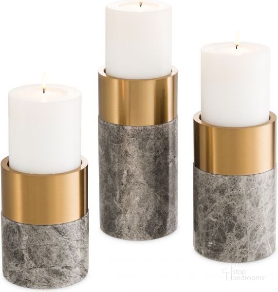 The appearance of Candle Holder Sierra Grey Marble Brass Finish Set Of 3 designed by Eichholtz in the modern / contemporary interior design. This grey piece of furniture  was selected by 1StopBedrooms from Sierra Collection to add a touch of cosiness and style into your home. Sku: 113286. Material: Marble. Product Type: Candle Holder. Image1
