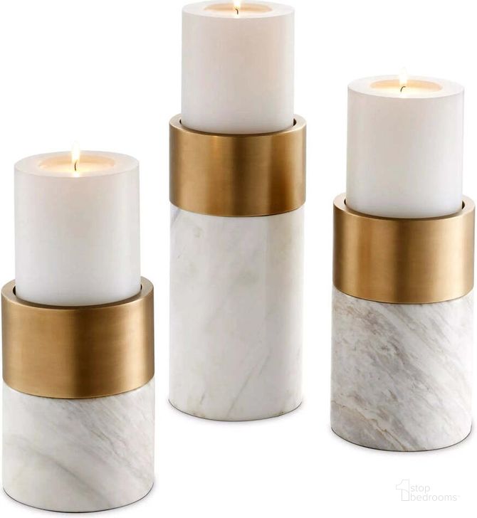 The appearance of Candle Holder Sierra White Marble Brass Finish Set Of 3 designed by Eichholtz in the modern / contemporary interior design. This white piece of furniture  was selected by 1StopBedrooms from Sierra Collection to add a touch of cosiness and style into your home. Sku: 112090. Material: Marble. Product Type: Candle Holder. Image1