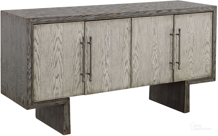 The appearance of Cannon Textured Grey Four Door Credenza designed by Coast to Coast in the country / farmhouse interior design. This blue and grey piece of furniture  was selected by 1StopBedrooms from Cannon Collection to add a touch of cosiness and style into your home. Sku: 90328. Product Type: Credenza. Material: MDF. Image1