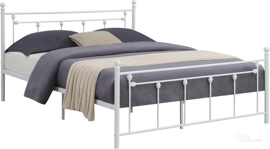The appearance of Canon Matte White Queen Metal Bed designed by Coaster in the transitional interior design. This white piece of furniture  was selected by 1StopBedrooms from Canon Collection to add a touch of cosiness and style into your home. Sku: 422736Q. Material: Metal. Bed Size: Queen. Product Type: Slat / Spindle Bed. Bed Type: Slat / Spindle Bed. Image1