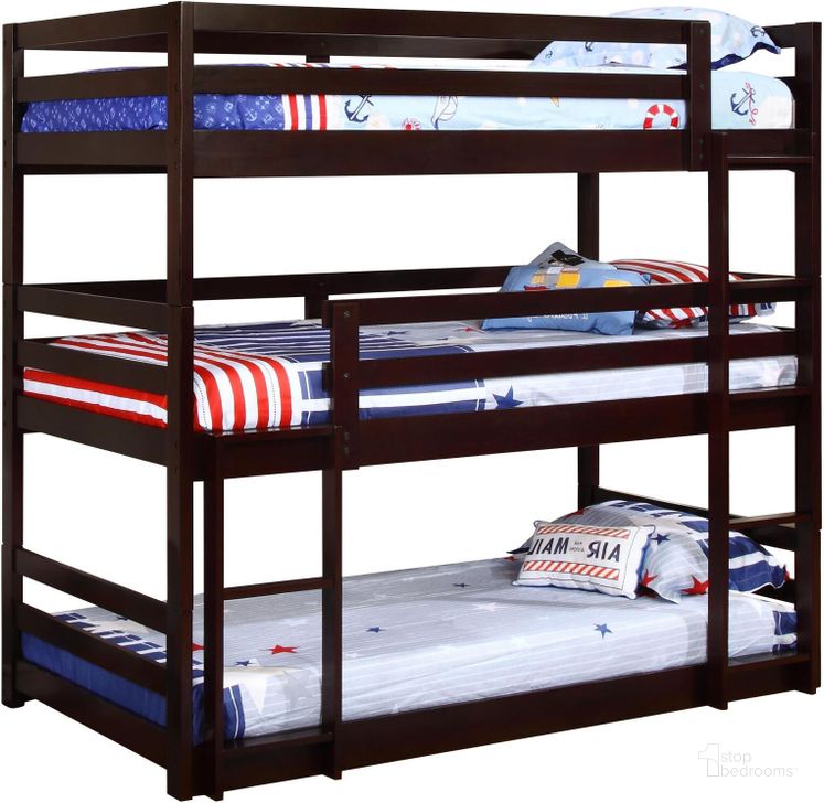 The appearance of Cappuccino Triple Twin Bunk Bed designed by Coaster in the transitional interior design. This brown piece of furniture  was selected by 1StopBedrooms from Cappuccino Collection to add a touch of cosiness and style into your home. Sku: 400302B1;400302B2;400302B3. Bed Type: Bunk Bed. Material: Wood. Product Type: Bunk Bed. Bed Size: Twin Over Twin. Image1