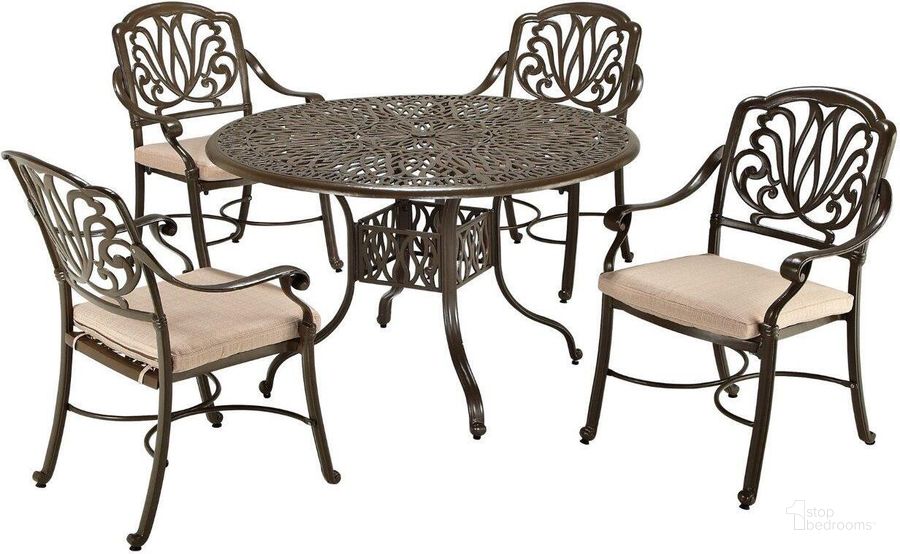 The appearance of Capri Taupe 5 Piece Outdoor Dining Set 6659-328 designed by Homestyles in the coastal interior design. This taupe piece of furniture  was selected by 1StopBedrooms from Capri Collection to add a touch of cosiness and style into your home. Sku: 6659-32;6659-80;6659-80. Table Base Style: Trestle. Table Top Shape: Round. Material: Aluminum. Product Type: Outdoor Dining Set. Image1