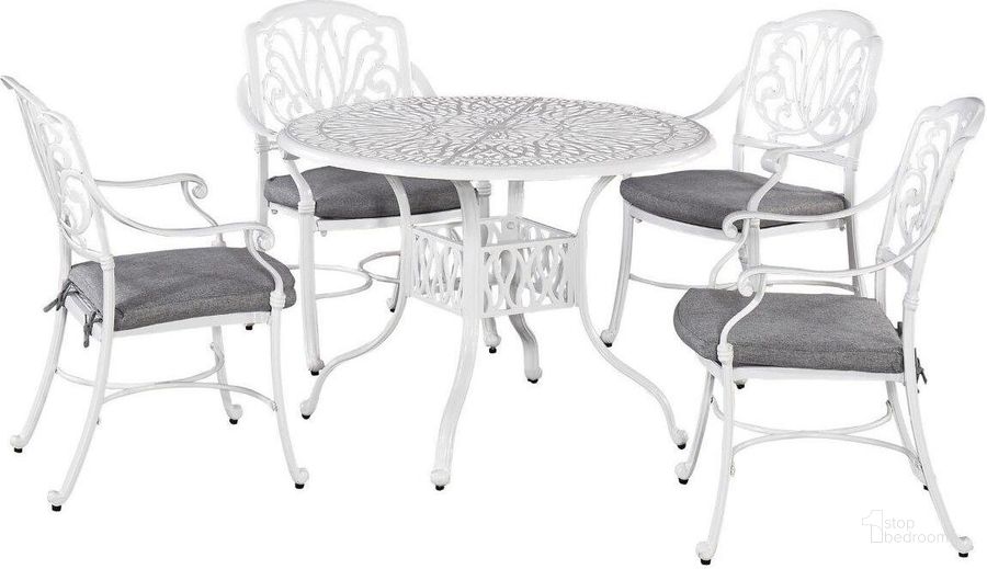 The appearance of Capri White 5 Piece Outdoor Dining Set 6662-308 designed by Homestyles in the coastal interior design. This white piece of furniture  was selected by 1StopBedrooms from Capri Collection to add a touch of cosiness and style into your home. Sku: 6662-30;6662-80;6662-80. Table Base Style: Trestle. Table Top Shape: Round. Material: Aluminum. Product Type: Outdoor Dining Set. Image1