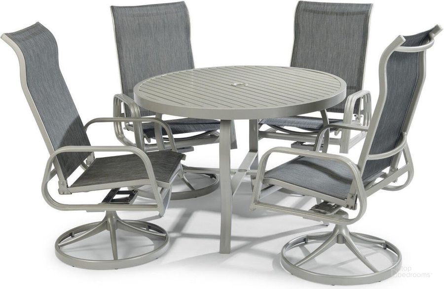 The appearance of Captiva Gray 5 Piece Outdoor Dining Set 6700-3055 designed by Homestyles in the modern / contemporary interior design. This gray piece of furniture  was selected by 1StopBedrooms from Captiva Collection to add a touch of cosiness and style into your home. Sku: 6700-30;6700-55;6700-55;6700-55;6700-55. Table Base Style: Trestle. Table Top Shape: Round. Material: Aluminum. Product Type: Outdoor Dining Set. Image1