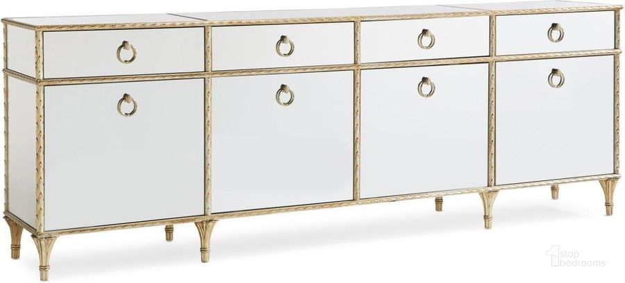 The appearance of Caracole Compositions Fontainebleau Media Console designed by Caracole in the modern / contemporary interior design. This beige piece of furniture  was selected by 1StopBedrooms from Fontainebleau Collection to add a touch of cosiness and style into your home. Sku: C061-419-532. Material: Aluminum. Product Type: Media Console. Image1