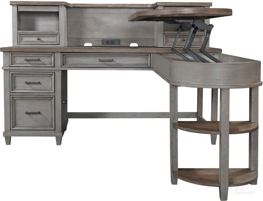 The appearance of Caraway Pedestal Desk And Return In Grey designed by Aspenhome in the country / farmhouse interior design. This grey piece of furniture  was selected by 1StopBedrooms from Caraway Collection to add a touch of cosiness and style into your home. Sku: I248-307H-SLT-1;I248-307-SLT-1;I248-308-SLT-1. Material: Wood. Product Type: Desk. Image1