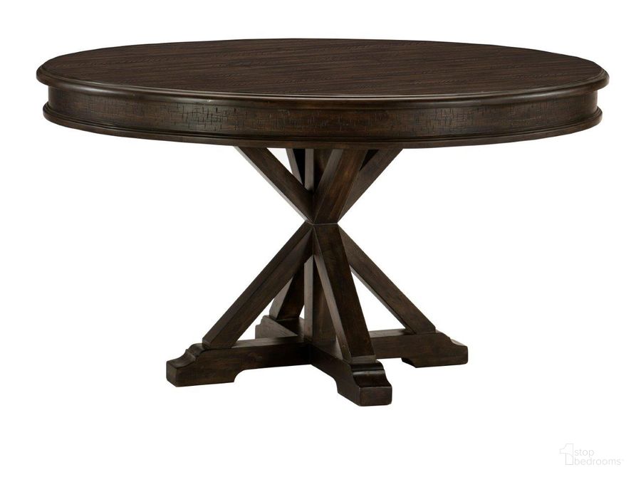 The appearance of Cardano Driftwood Charcoal Round Dining Table designed by Homelegance in the traditional interior design. This brown piece of furniture  was selected by 1StopBedrooms from Cardano Collection to add a touch of cosiness and style into your home. Sku: 1689-54;1689-54B. Table Base Style: Trestle. Table Top Shape: Round. Material: Wood. Product Type: Dining Table. Size: 54". Image1