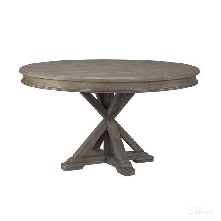 The appearance of Cardano Driftwood Light Brown Round Dining Table designed by Homelegance in the transitional interior design. This light brown piece of furniture  was selected by 1StopBedrooms from Cardano Collection to add a touch of cosiness and style into your home. Sku: 1689BR-54;1689BR-54B. Table Base Style: Trestle. Table Top Shape: Round. Material: Wood. Product Type: Dining Table. Size: 54". Image1