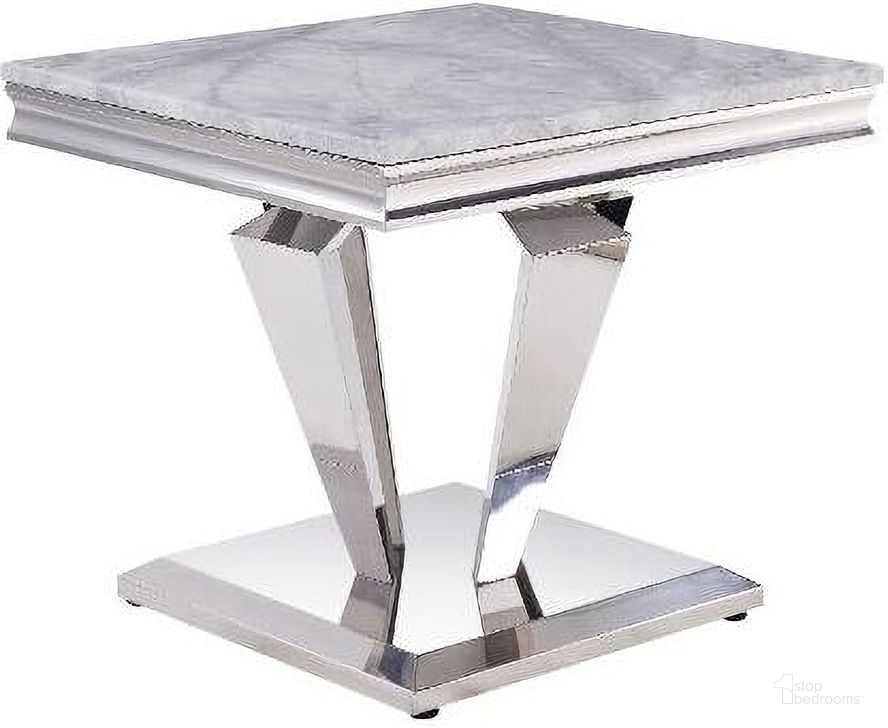 The appearance of Cardross Light Gray End Table designed by Atelier Home in the modern / contemporary interior design. This light gray piece of furniture  was selected by 1StopBedrooms from Cardross Collection to add a touch of cosiness and style into your home. Sku: 87219T;87220FRM;87221ST;87222BASE. Product Type: End Table. Material: Stainless Steel. Image1