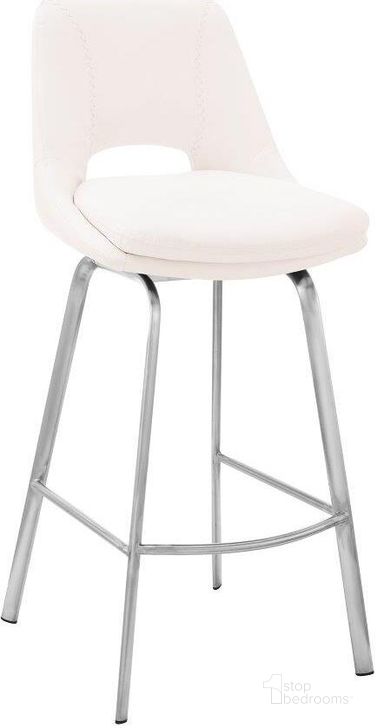 The appearance of Carise White Faux Leather And Brushed Stainless Steel Swivel 30 Inch Bar Stool designed by Armen Living in the modern / contemporary interior design. This white piece of furniture  was selected by 1StopBedrooms from Carise Collection to add a touch of cosiness and style into your home. Sku: LCCABABSWH30. Product Type: Barstool. Material: Stainless Steel. Image1