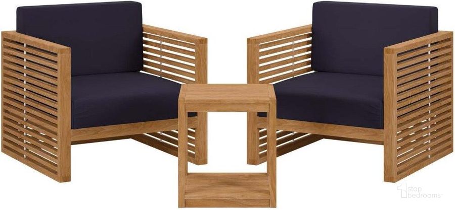 The appearance of Carlsbad 3 Piece Teak Wood Outdoor Patio Set In Natural Navy EEI-5838-NAT-NAV designed by Modway in the transitional interior design. This navy and natural piece of furniture  was selected by 1StopBedrooms from Carlsbad Collection to add a touch of cosiness and style into your home. Sku: EEI-5838-NAT-NAV. Material: Wood. Product Type: Outdoor Set. Image1