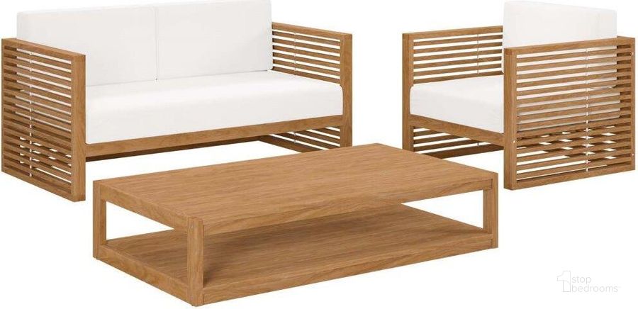 The appearance of Carlsbad 3 Piece Teak Wood Outdoor Patio Set In Natural White EEI-5837-NAT-WHI designed by Modway in the transitional interior design. This natural white piece of furniture  was selected by 1StopBedrooms from Carlsbad Collection to add a touch of cosiness and style into your home. Sku: EEI-5837-NAT-WHI. Material: Wood. Product Type: Outdoor Set. Image1