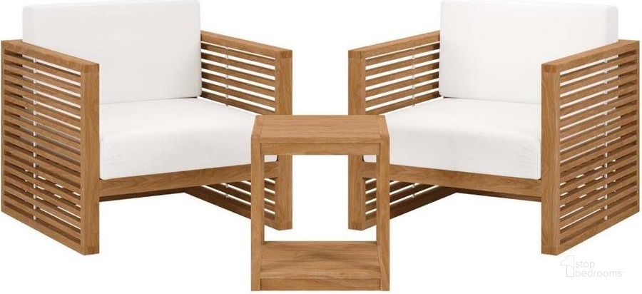 The appearance of Carlsbad 3 Piece Teak Wood Outdoor Patio Set In Natural White EEI-5838-NAT-WHI designed by Modway in the transitional interior design. This natural white piece of furniture  was selected by 1StopBedrooms from Carlsbad Collection to add a touch of cosiness and style into your home. Sku: EEI-5838-NAT-WHI. Material: Wood. Product Type: Outdoor Set. Image1