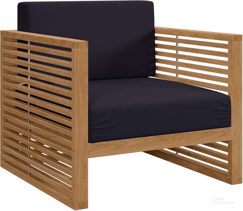 The appearance of Carlsbad Teak Wood Outdoor Patio Armchair In Navy designed by Modway in the modern / contemporary interior design. This navy piece of furniture  was selected by 1StopBedrooms from Carlsbad Collection to add a touch of cosiness and style into your home. Sku: EEI-5606-NAT-NAV. Product Type: Outdoor Chair. Material: Stainless Steel. Image1