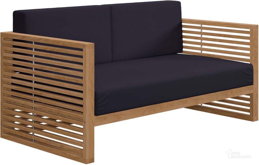 The appearance of Carlsbad Teak Wood Outdoor Patio Loveseat In Navy designed by Modway in the modern / contemporary interior design. This navy piece of furniture  was selected by 1StopBedrooms from Carlsbad Collection to add a touch of cosiness and style into your home. Sku: EEI-5605-NAT-NAV. Material: Wood. Product Type: Outdoor Loveseat. Image1
