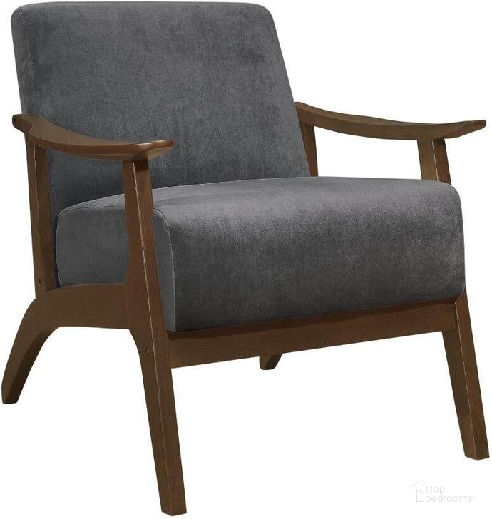 The appearance of Carlson Dark Gray Accent Chair designed by Homelegance in the transitional interior design. This dark gray piece of furniture  was selected by 1StopBedrooms from Carlson Collection to add a touch of cosiness and style into your home. Sku: 1032DG-1. Product Type: Accent Chair. Material: Velvet. Image1