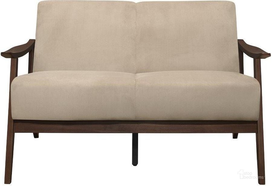 The appearance of Carlson Light Brown Loveseat designed by Homelegance in the transitional interior design. This brown piece of furniture  was selected by 1StopBedrooms from Carlson Collection to add a touch of cosiness and style into your home. Sku: 1032BR-2. Product Type: Loveseat. Material: Velvet. Image1