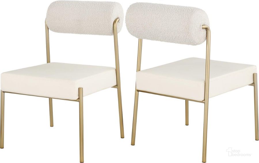 The appearance of Carly Cream Faux Leather Seat/Boucle Fabric Back Dining Chair Set Of 2 designed by Meridian in the modern / contemporary interior design. This cream piece of furniture  was selected by 1StopBedrooms from Carly Collection to add a touch of cosiness and style into your home. Sku: 586Cream-C. Material: Fabric. Product Type: Dining Chair. Image1