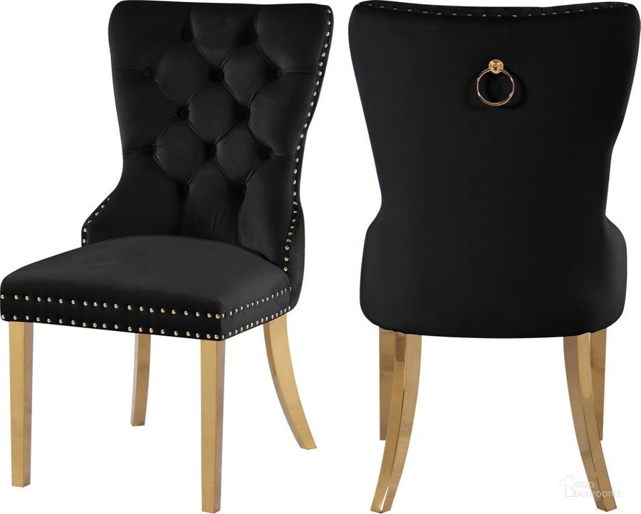 The appearance of Carmen Black Velvet Dining Chairs Set Of 2 designed by Meridian in the modern / contemporary interior design. This black velvet piece of furniture  was selected by 1StopBedrooms from Carmen Collection to add a touch of cosiness and style into your home. Sku: 812Black-C. Product Type: Dining Chair. Material: Velvet. Image1