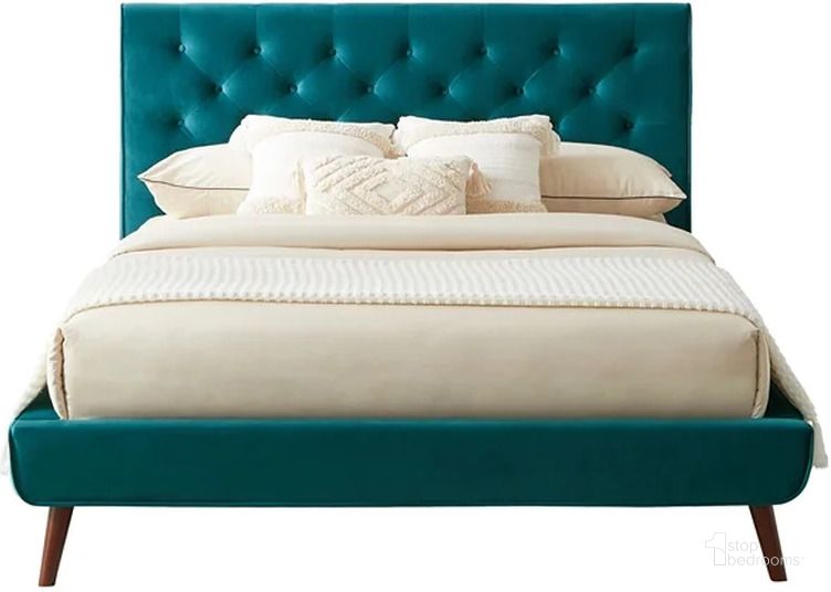 The appearance of Caroline Queen Teal Velvet Platform Bed designed by Ashcroft Furniture in the transitional interior design. This teal piece of furniture  was selected by 1StopBedrooms from Caroline Collection to add a touch of cosiness and style into your home. Sku: AFC00516. Bed Type: Platform Bed. Material: Wood. Product Type: Platform Bed. Bed Size: Queen. Image1