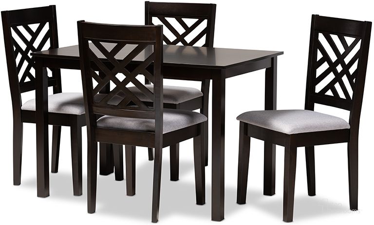 The appearance of Caron Modern And Contemporary Gray Fabric Upholstered Espresso Brown Finished Wood 5-Piece Dining Set designed by Baxton Studio in the modern / contemporary interior design. This gray piece of furniture  was selected by 1StopBedrooms from Essential Collection to add a touch of cosiness and style into your home. Sku: RH317C-Grey/Dark Brown-5PC Dining Set. Product Type: Dining Room Set. Material: Rubberwood. Image1