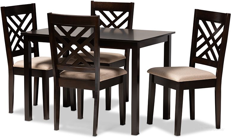 The appearance of Caron Modern And Contemporary Sand Fabric Upholstered Espresso Brown Finished Wood 5-Piece Dining Set designed by Baxton Studio in the modern / contemporary interior design. This brown piece of furniture  was selected by 1StopBedrooms from Essential Collection to add a touch of cosiness and style into your home. Sku: RH317C-Sand/Dark Brown-5PC Dining Set. Product Type: Dining Room Set. Material: Rubberwood. Image1