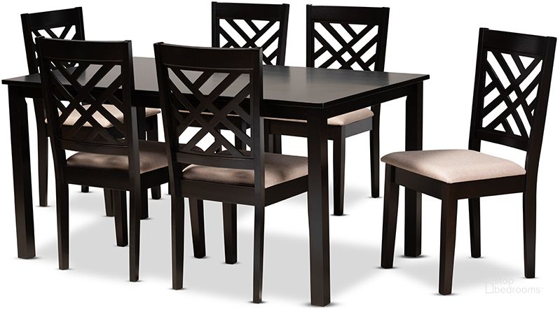 The appearance of Caron Modern And Contemporary Sand Fabric Upholstered Espresso Brown Finished Wood 7-Piece Dining Set designed by Baxton Studio in the modern / contemporary interior design. This sand brown piece of furniture  was selected by 1StopBedrooms from Caron Collection to add a touch of cosiness and style into your home. Sku: RH317C-Sand/Dark Brown-7PC Dining Set. Product Type: Dining Room Set. Material: MDF. Image1
