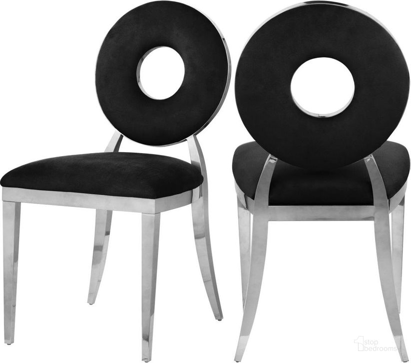 The appearance of Carousel Black Velvet Dining Chair 859Black-C Set of 2 designed by Meridian in the modern / contemporary interior design. This black velvet piece of furniture  was selected by 1StopBedrooms from Carousel Collection to add a touch of cosiness and style into your home. Sku: 859Black-C. Material: Steel. Product Type: Dining Chair. Image1