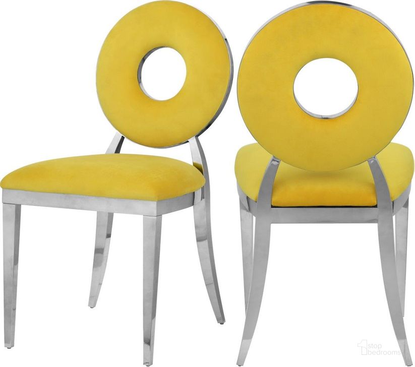 The appearance of Carousel Yellow Velvet Dining Chair Set of 2 designed by Meridian in the modern / contemporary interior design. This yellow velvet piece of furniture  was selected by 1StopBedrooms from Carousel Collection to add a touch of cosiness and style into your home. Sku: 859Yellow-C. Material: Steel. Product Type: Dining Chair. Image1