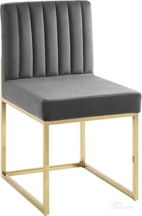 The appearance of Carriage Channel Tufted Sled Base Performance Velvet Dining Chair EEI-3806-GLD-CHA designed by Modway in the modern / contemporary interior design. This gold charcoal piece of furniture  was selected by 1StopBedrooms from Carriage Collection to add a touch of cosiness and style into your home. Sku: EEI-3806-GLD-CHA. Material: Wood. Product Type: Dining Chair. Image1