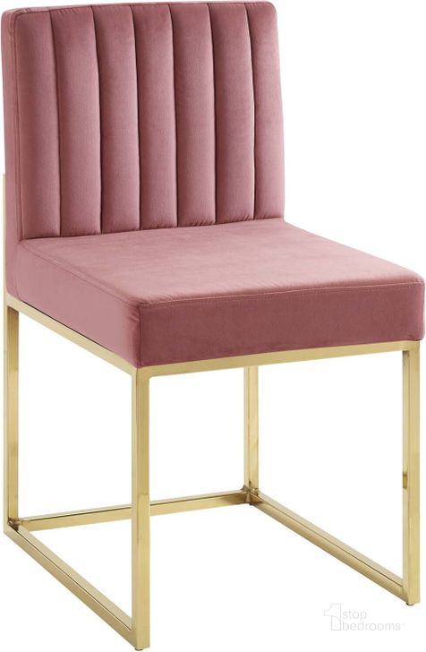 The appearance of Carriage Channel Tufted Sled Base Performance Velvet Dining Chair EEI-3806-GLD-DUS designed by Modway in the modern / contemporary interior design. This gold dusty rose piece of furniture  was selected by 1StopBedrooms from Carriage Collection to add a touch of cosiness and style into your home. Sku: EEI-3806-GLD-DUS. Material: Wood. Product Type: Dining Chair. Image1