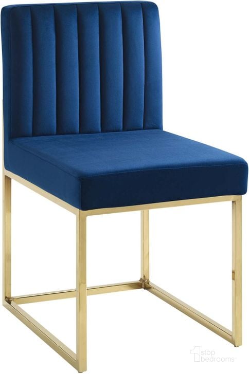 The appearance of Carriage Channel Tufted Sled Base Performance Velvet Dining Chair EEI-3806-GLD-NAV designed by Modway in the modern / contemporary interior design. This gold navy piece of furniture  was selected by 1StopBedrooms from Carriage Collection to add a touch of cosiness and style into your home. Sku: EEI-3806-GLD-NAV. Material: Wood. Product Type: Dining Chair. Image1