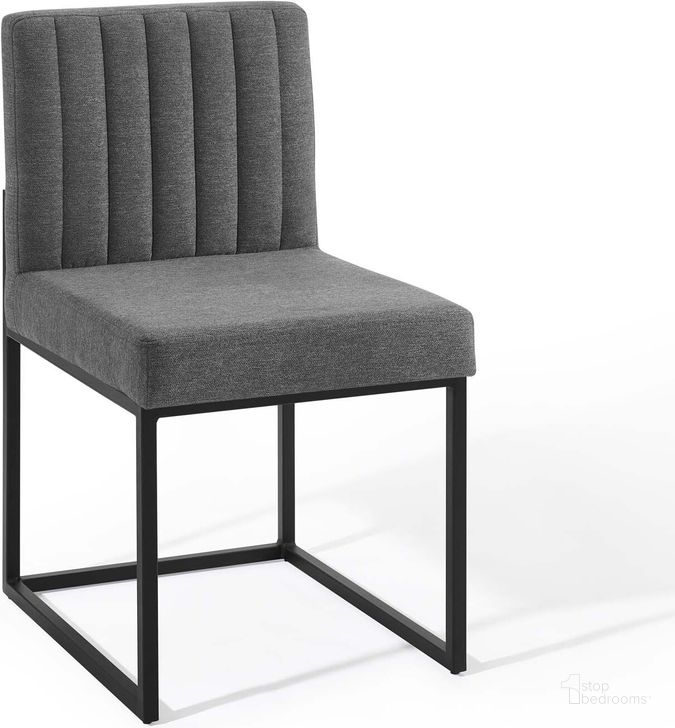 The appearance of Carriage Channel Tufted Sled Base Upholstered Fabric Dining Chair EEI-3807-BLK-CHA designed by Modway in the modern / contemporary interior design. This black charcoal piece of furniture  was selected by 1StopBedrooms from Carriage Collection to add a touch of cosiness and style into your home. Sku: EEI-3807-BLK-CHA. Material: Wood. Product Type: Dining Chair. Image1