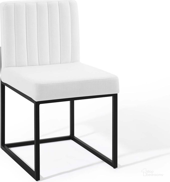 The appearance of Carriage Channel Tufted Sled Base Upholstered Fabric Dining Chair EEI-3807-BLK-WHI designed by Modway in the modern / contemporary interior design. This black piece of furniture  was selected by 1StopBedrooms from Carriage Collection to add a touch of cosiness and style into your home. Sku: EEI-3807-BLK-WHI. Material: Wood. Product Type: Dining Chair. Image1
