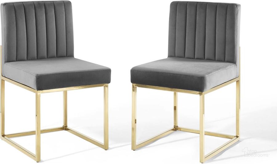 The appearance of Carriage Dining Chair Performance Velvet Set of 2 EEI-4507-GLD-CHA designed by Modway in the modern / contemporary interior design. This gold charcoal piece of furniture  was selected by 1StopBedrooms from Carriage Collection to add a touch of cosiness and style into your home. Sku: EEI-4507-GLD-CHA. Material: Wood. Product Type: Dining Chair. Image1