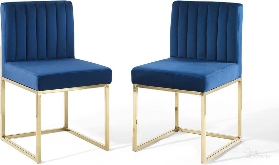 The appearance of Carriage Dining Chair Performance Velvet Set of 2 EEI-4507-GLD-NAV designed by Modway in the modern / contemporary interior design. This gold navy piece of furniture  was selected by 1StopBedrooms from Carriage Collection to add a touch of cosiness and style into your home. Sku: EEI-4507-GLD-NAV. Material: Wood. Product Type: Dining Chair. Image1