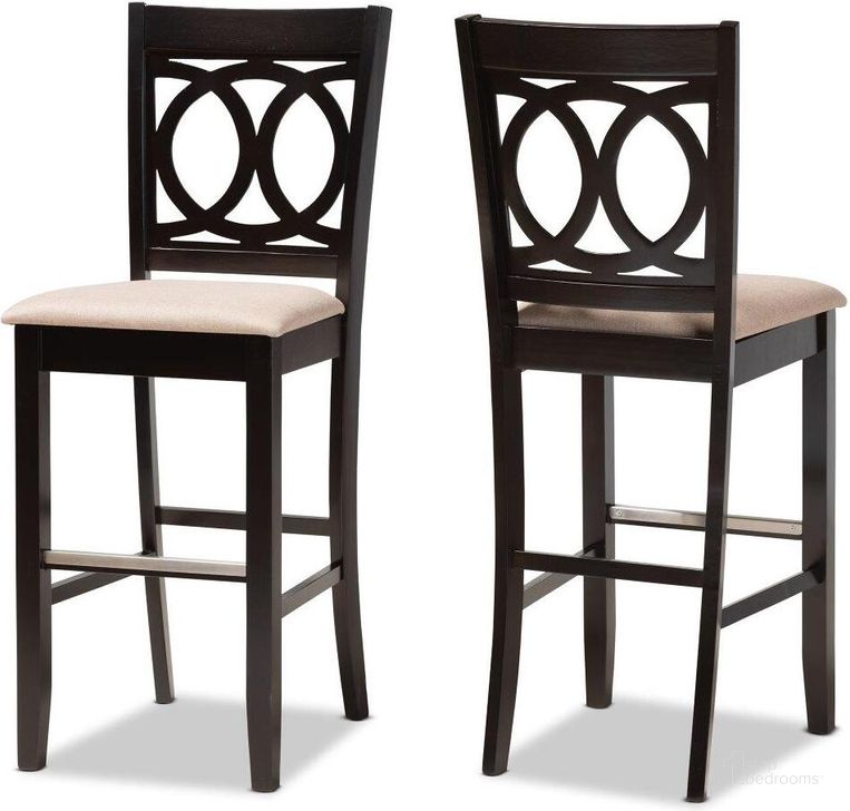 The appearance of Carson Modern and Contemporary Sand Fabric Upholstered and Espresso Brown Finished Wood 2-Piece Bar Stool Set designed by Baxton Studio in the modern / contemporary interior design. This espresso brown piece of furniture  was selected by 1StopBedrooms from Carson Collection to add a touch of cosiness and style into your home. Sku: RH315B-Sand/Dark Brown-BS. Material: Fabric. Product Type: Barstool. Image1