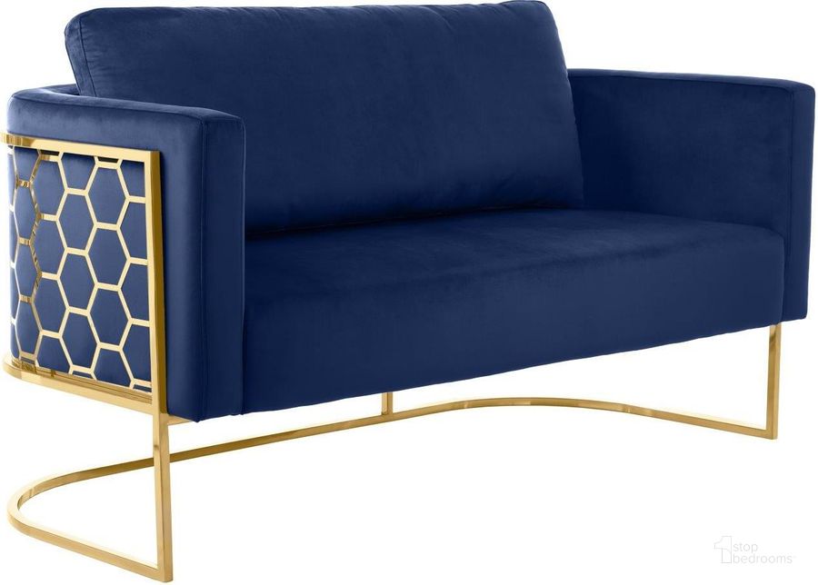 The appearance of Casa Navy Velvet Loveseat 692Navy-L designed by Meridian in the modern / contemporary interior design. This navy velvet piece of furniture  was selected by 1StopBedrooms from Casa Collection to add a touch of cosiness and style into your home. Sku: 692Navy-L. Product Type: Loveseat. Image1