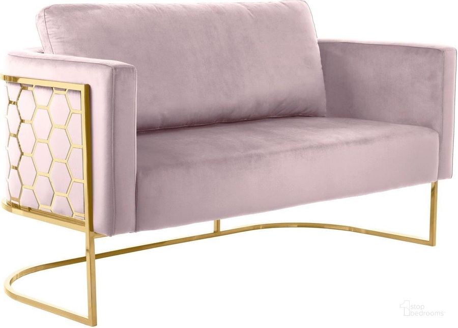 The appearance of Casa Pink Velvet Loveseat designed by Meridian in the modern / contemporary interior design. This pink velvet piece of furniture  was selected by 1StopBedrooms from Casa Collection to add a touch of cosiness and style into your home. Sku: 692Pink-L. Product Type: Loveseat. Image1